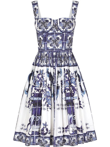 Dolce Gabbana Majolica Print Corset Midi Dress