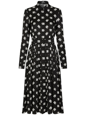 Dolce Gabbana Logo Print Belted Midi Dress