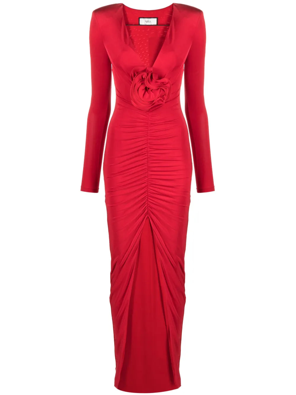 Nissa Floral Applique Ruched Maxi Dress