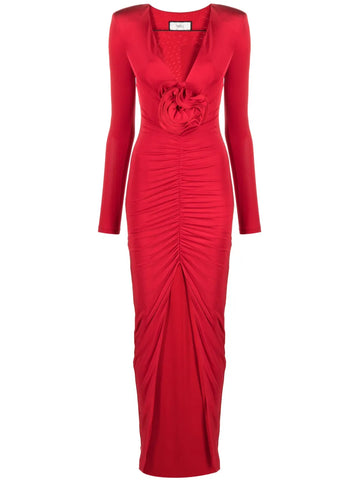 Nissa Floral Applique Ruched Maxi Dress