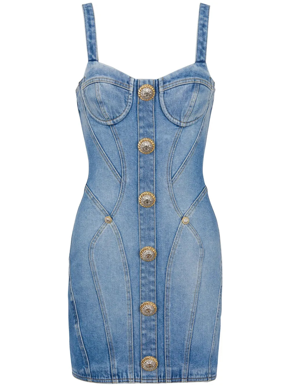 Balmain Button Embellished Denim Minidress