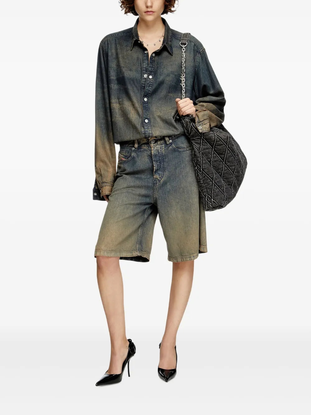 Diesel Charm D Quilted Chain Embellished Shoulder Bag