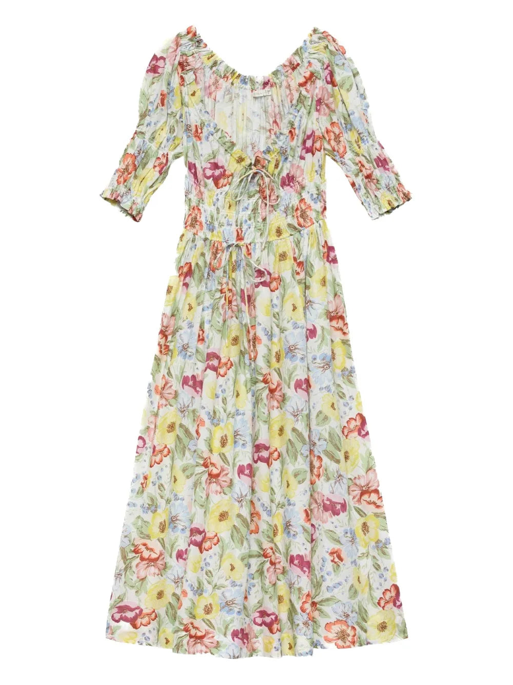 Doen Ischia Shirred Floral Print Midi Dress