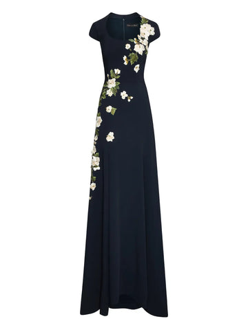 Oscar De La Renta Floral Embroidered Evening Dress