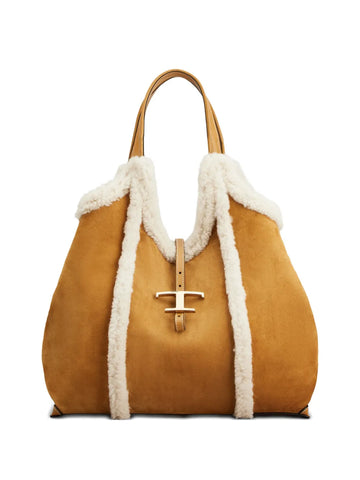 Tods Shearling Trimmed T Buckle Shoulder Bag