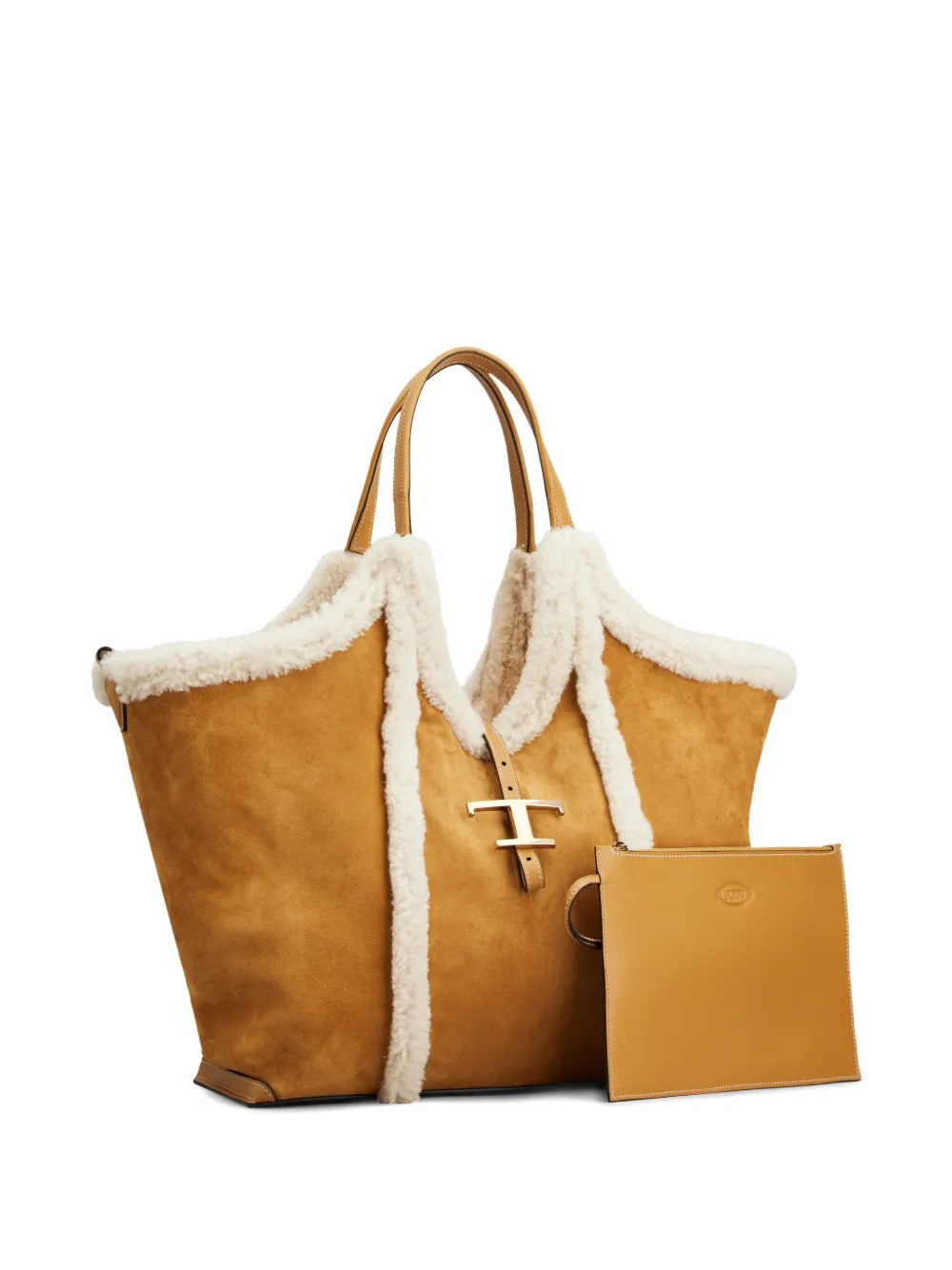 Tods Shearling Trimmed T Buckle Shoulder Bag