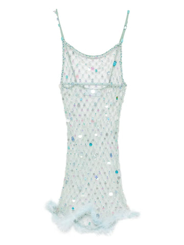 Roberta Einer Feather Trim Mesh Mini Dress