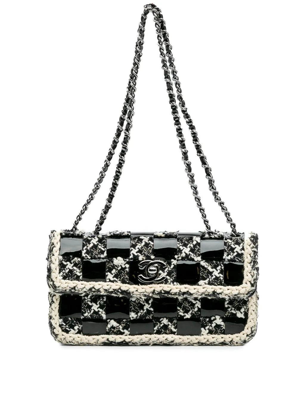 Chanel Pre Owned 2004 2005 Mini Woven Patent And Tweed Chessboard Single Flap Shoulder Bag