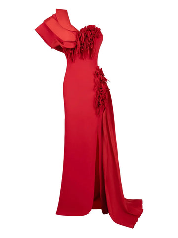 Gaby Charbachy Ruffle Detail Side Split Evening Gown