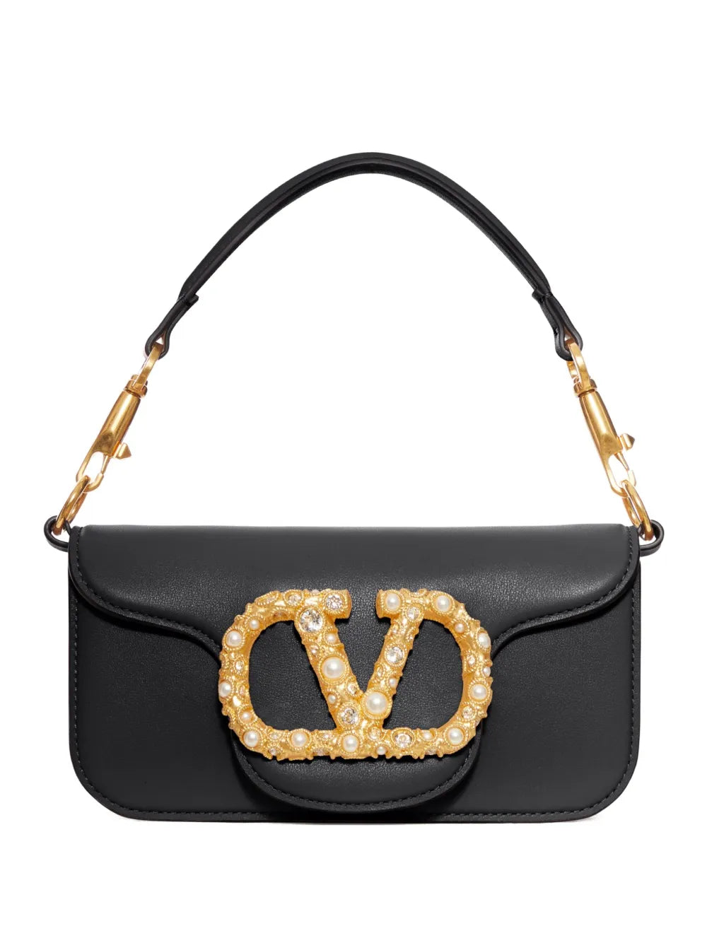 Valentino Garavani Vlogo Embellished Clasp Leather Shoulder Bag