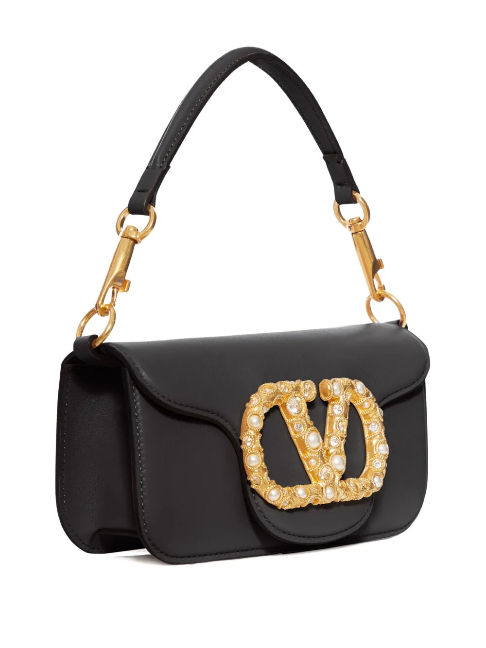 Valentino Garavani Vlogo Embellished Clasp Leather Shoulder Bag