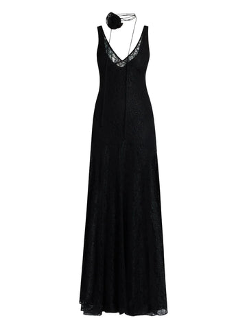 De La Vali Lace Overlay V Neck Dress