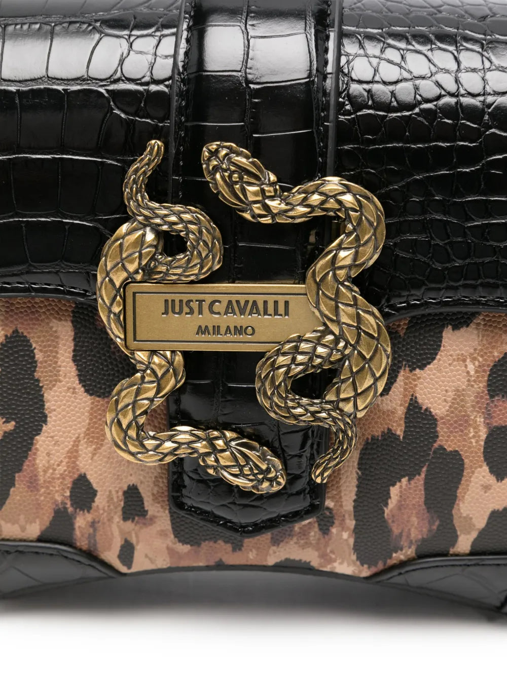 Just Cavalli Snake Buckle Leopard Print Shoulder Bag