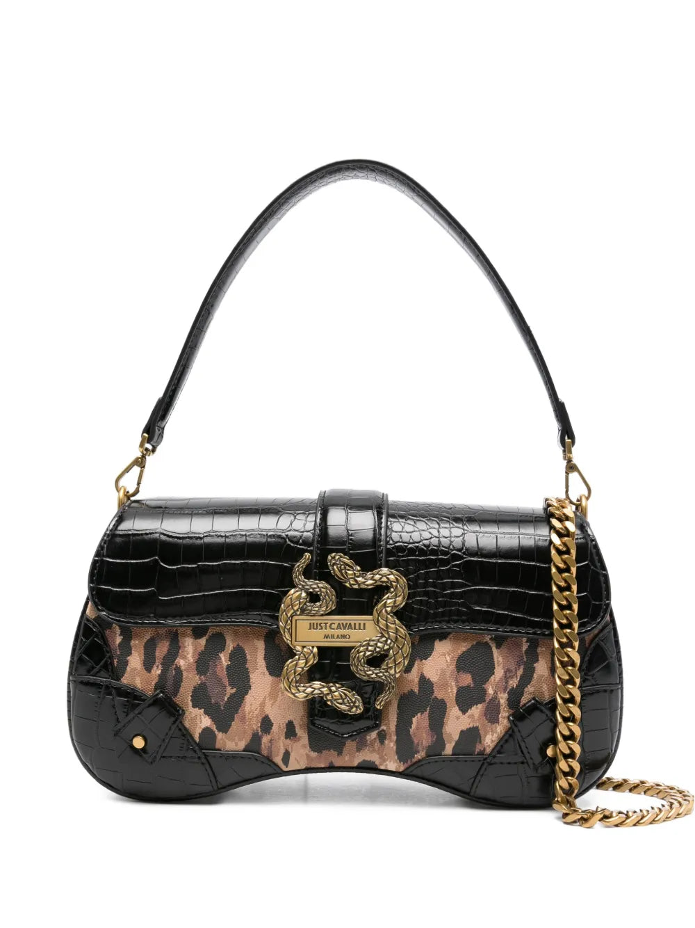 Just Cavalli Snake Buckle Leopard Print Shoulder Bag
