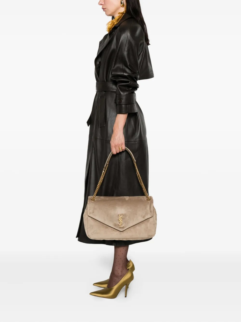 Saint Laurent Large Calypso Logo Plaque Suede Shoulder Bag