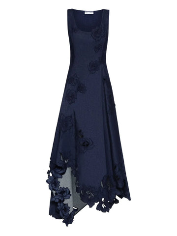 Oscar De La Renta Embroidered Floral Laser Cut Asymmetric Dress