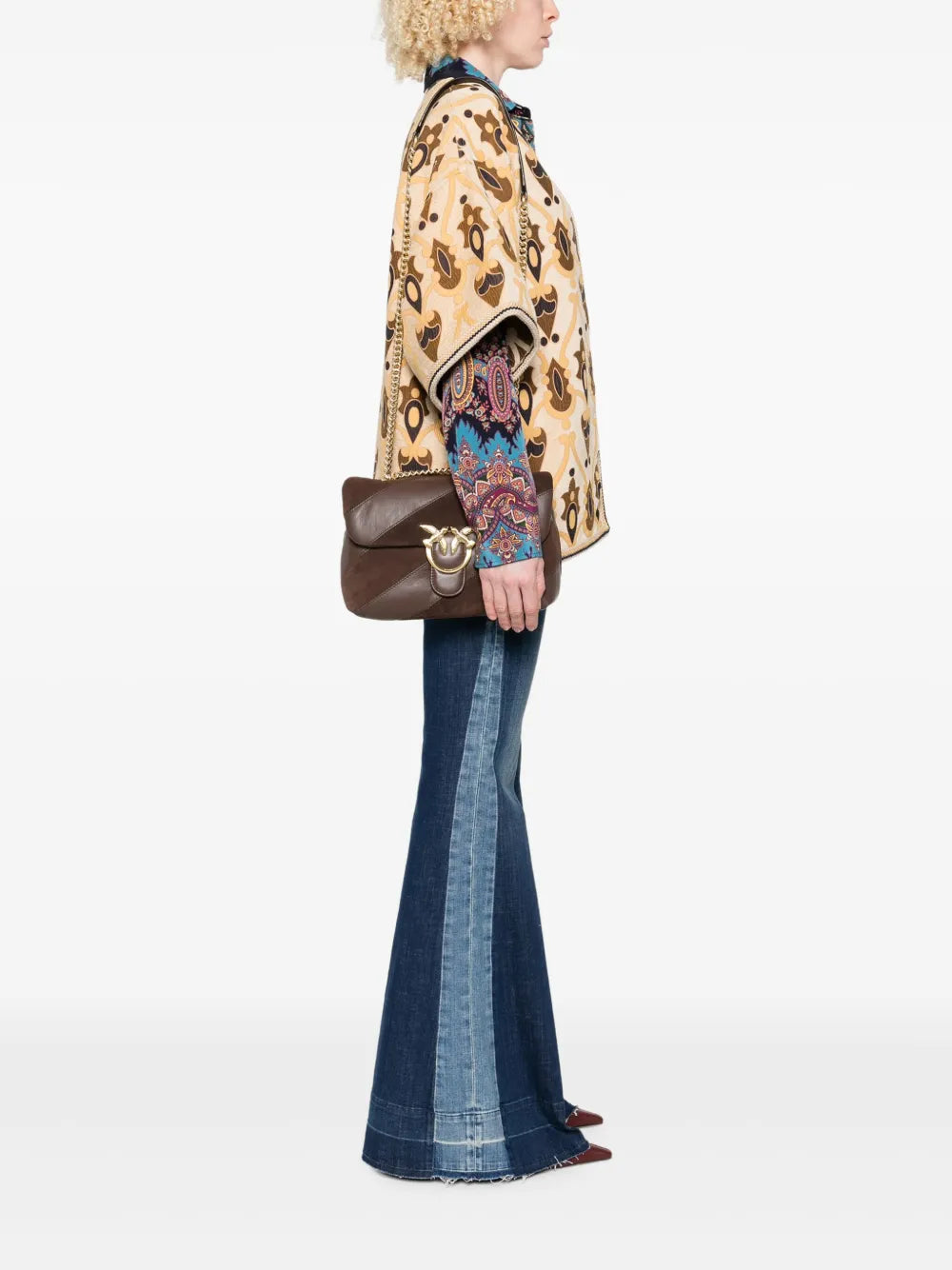 Pinko Love Leather Suede Diagonal Stripe Shoulder Bag