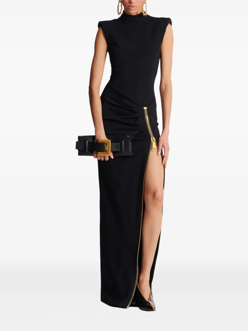 Balmain Anthem Buckle Detail Calfskin Leather Clutch