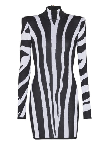 Balmain Zebra Intarsia High Neck Mini Dress