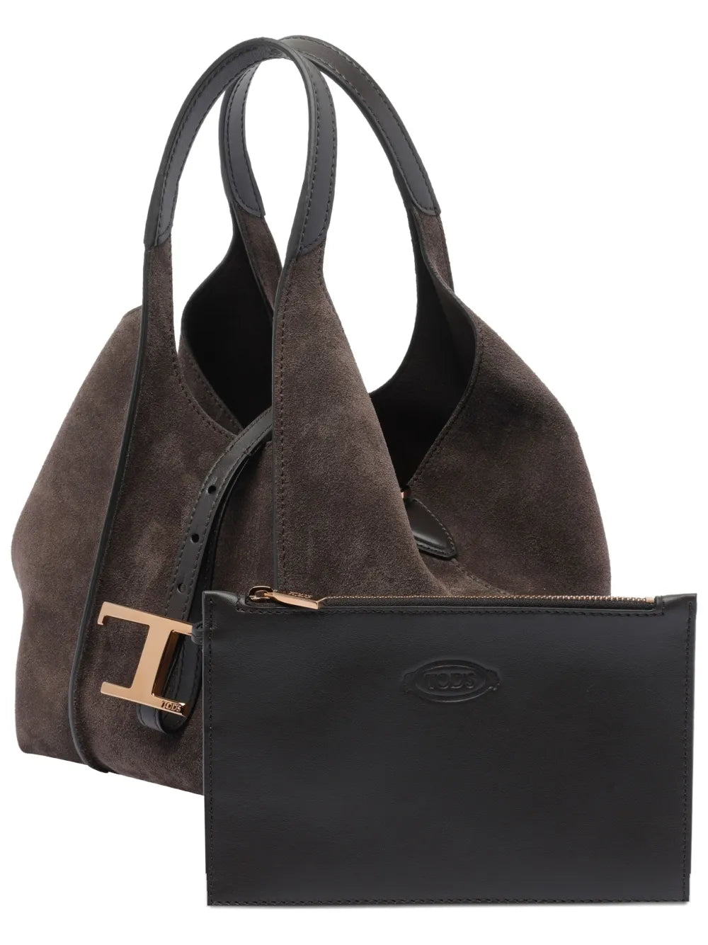 Tods Timeless Suede Leather T Buckle Shoulder Bag