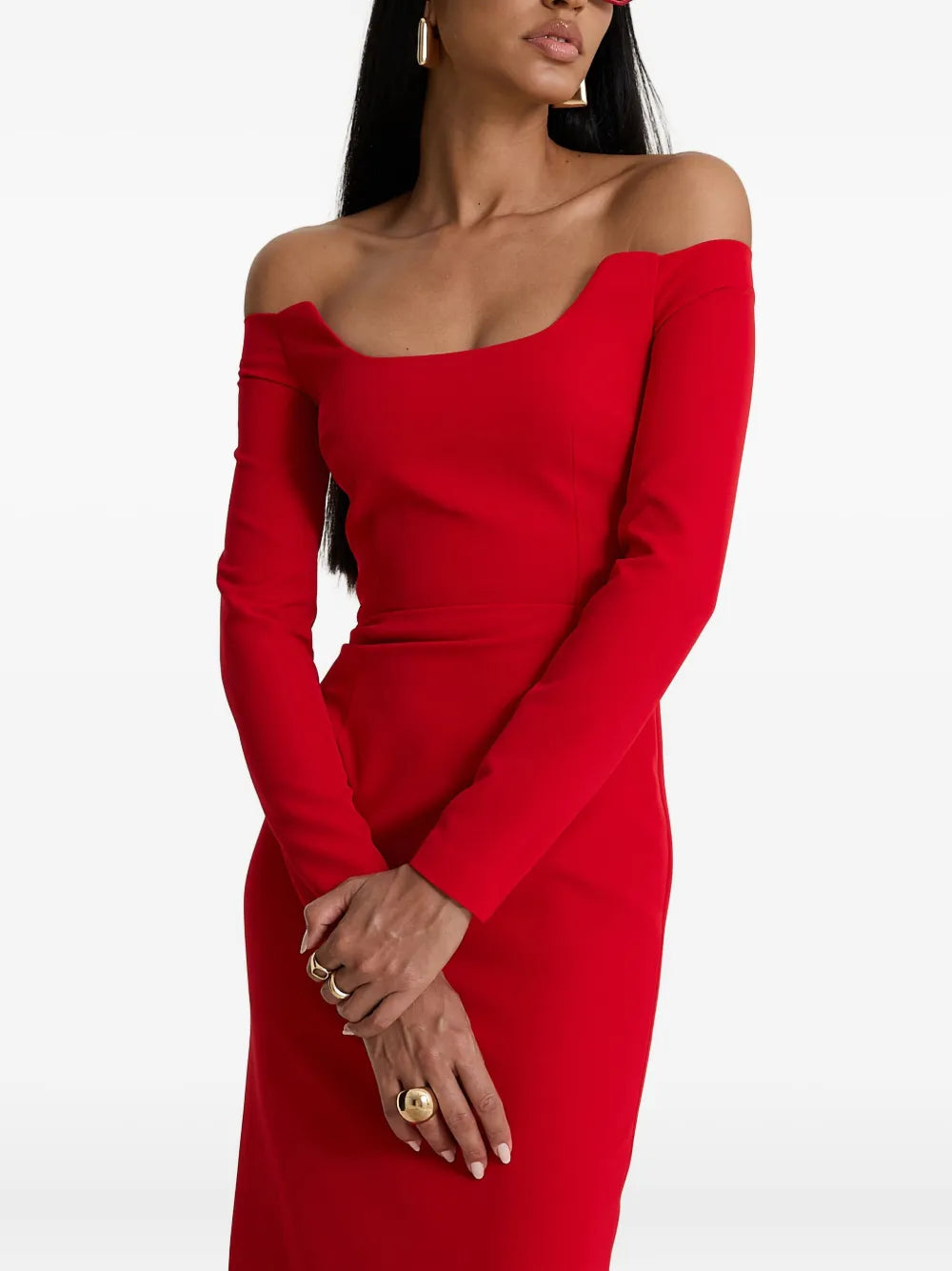 Moos Studio Red Salvage Off Shoulder Long Sleeve Maxi Dress