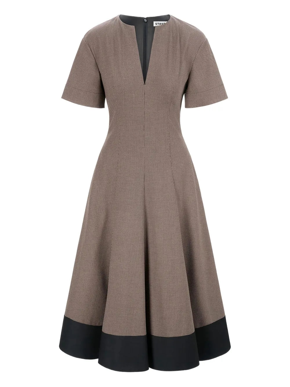 Staud Houndstooth Neck V Neck Midi Dress