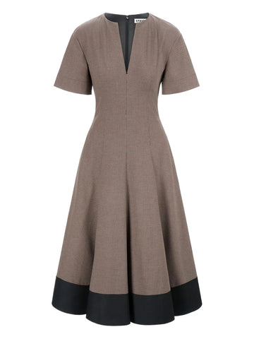 Staud Houndstooth Neck V Neck Midi Dress