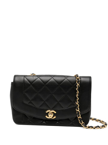 Chanel Pre Owned 1991 Diana Medium Black Lambskin Diana Stripe Classic Flap Shoulder Bag