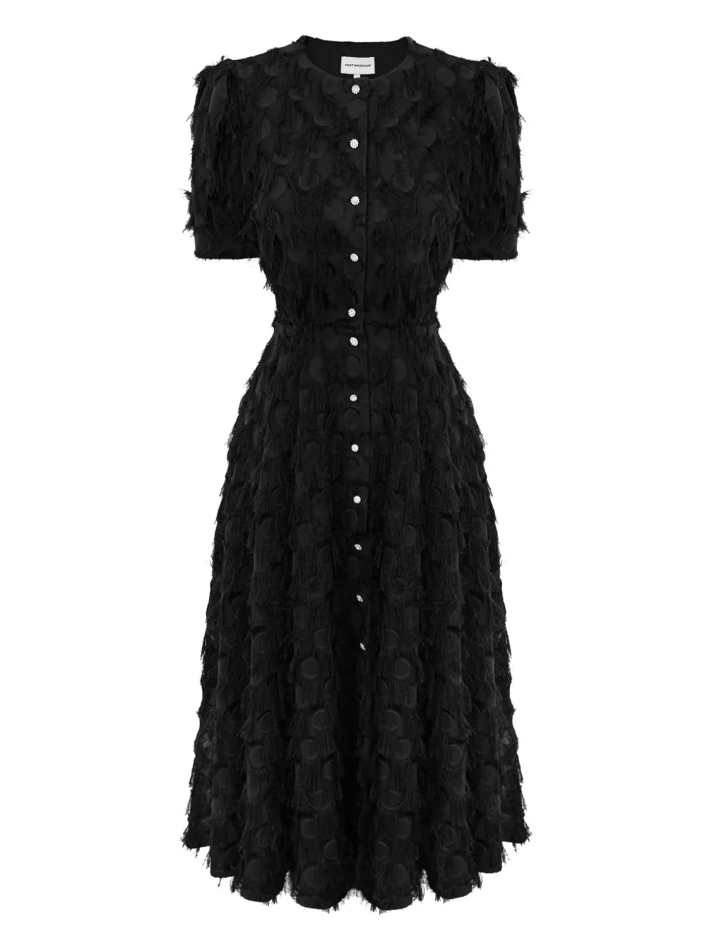 Post Meridiem Fringe Puff Sleeve Midi Dress