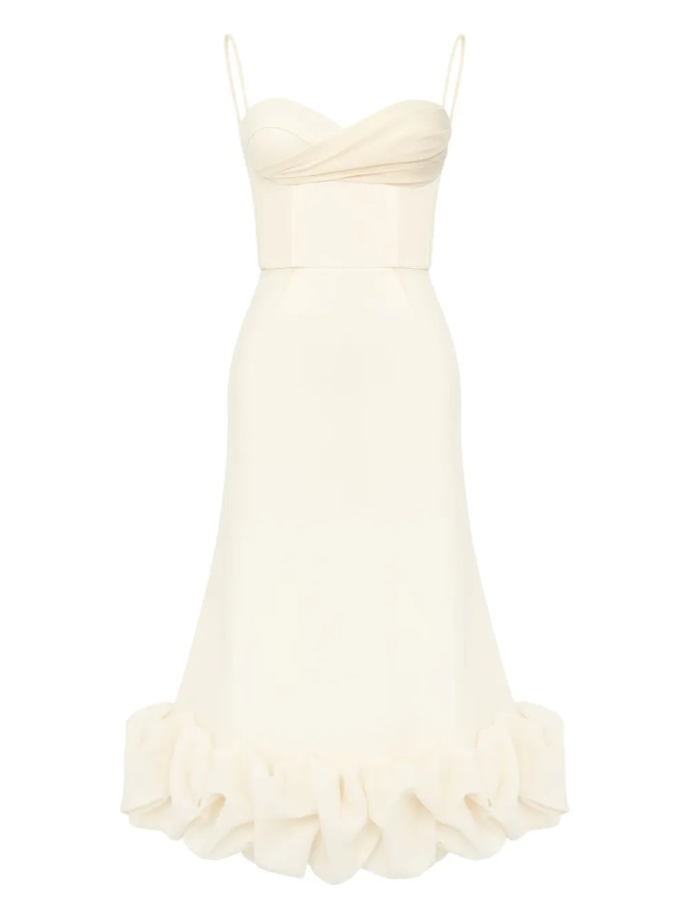 Post Meridiem Draped Bodice Flounced Hem Midi Dress