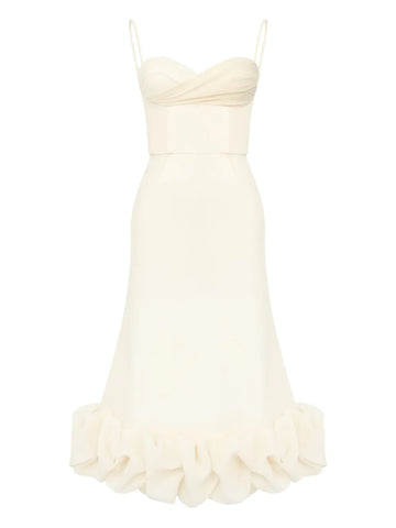 Post Meridiem Draped Bodice Flounced Hem Midi Dress