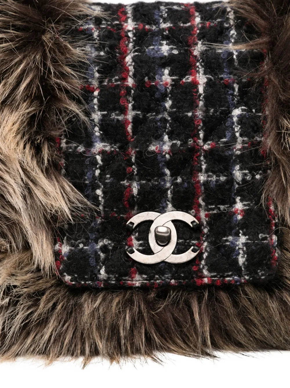 Chanel Pre Owned Classic Flap Faux Fur Tweed Shoulder Bag