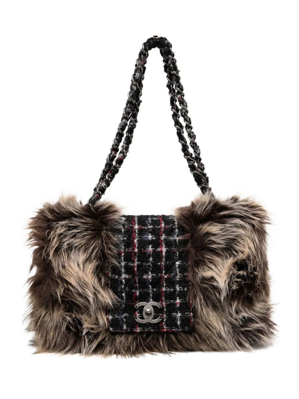 Chanel Pre Owned Classic Flap Faux Fur Tweed Shoulder Bag
