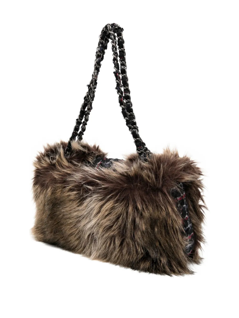 Chanel Pre Owned Classic Flap Faux Fur Tweed Shoulder Bag