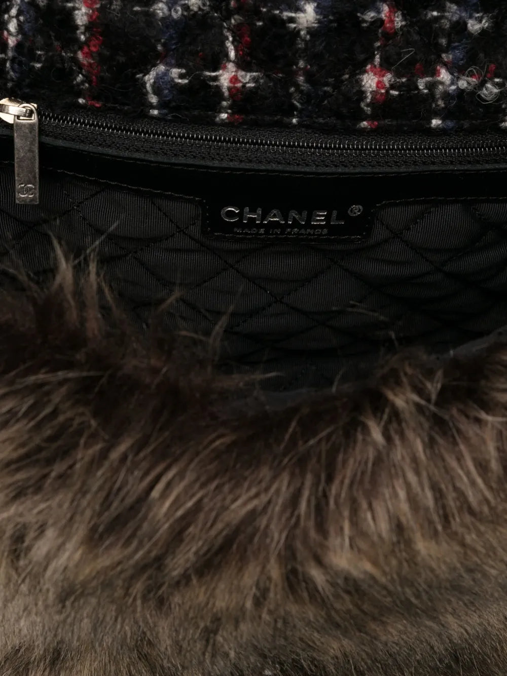Chanel Pre Owned Classic Flap Faux Fur Tweed Shoulder Bag