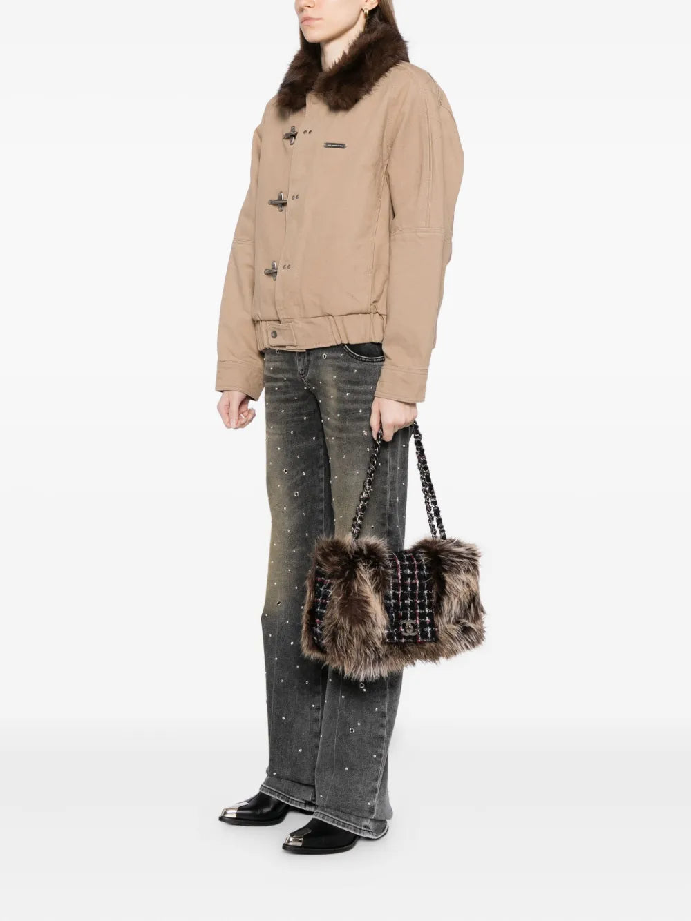 Chanel Pre Owned Classic Flap Faux Fur Tweed Shoulder Bag