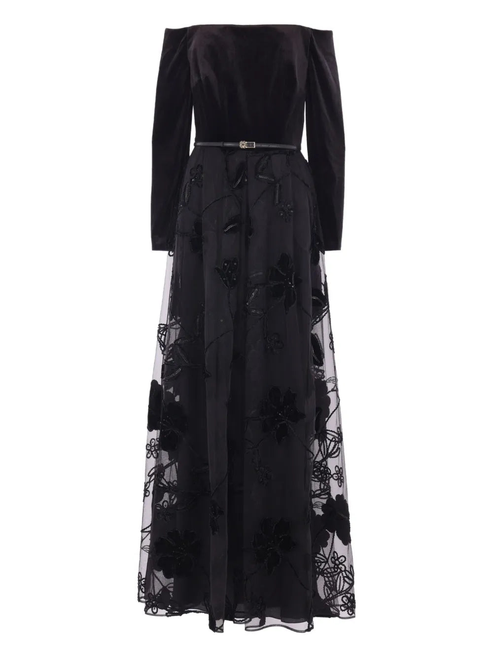 Elie Saab Velvet Floral Embroidered Tulle Dress