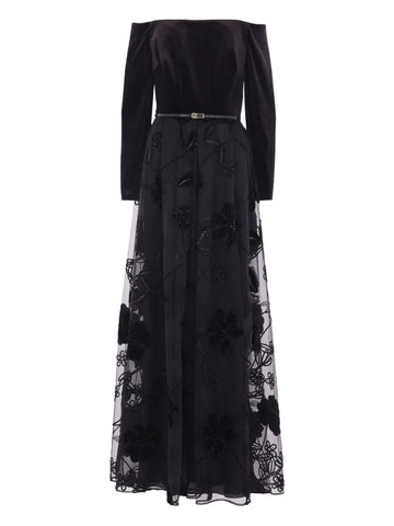 Elie Saab Velvet Floral Embroidered Tulle Dress