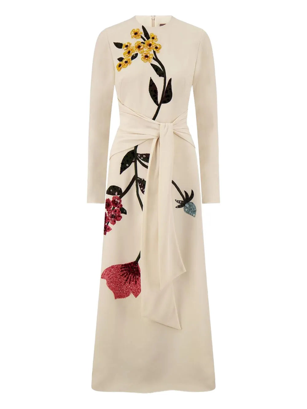 Lela Rose Floral Embroidered Tie Waist Midi Dress
