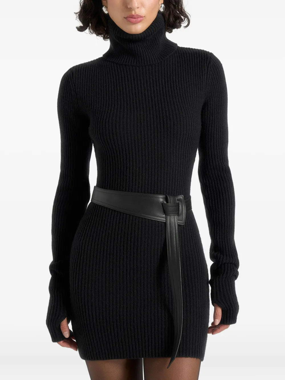Maniere De Voir Kalia Turtleneck Belted Knitted Mini Dress