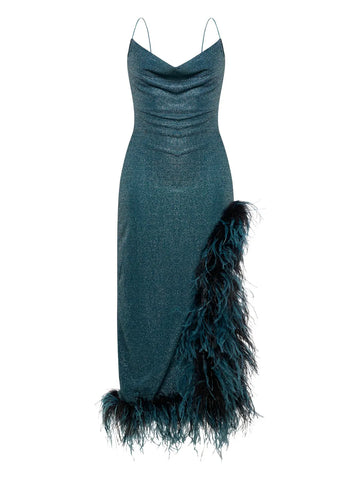 Oseree Lumiere Plumage Cowl Neck Asymmetric Dress