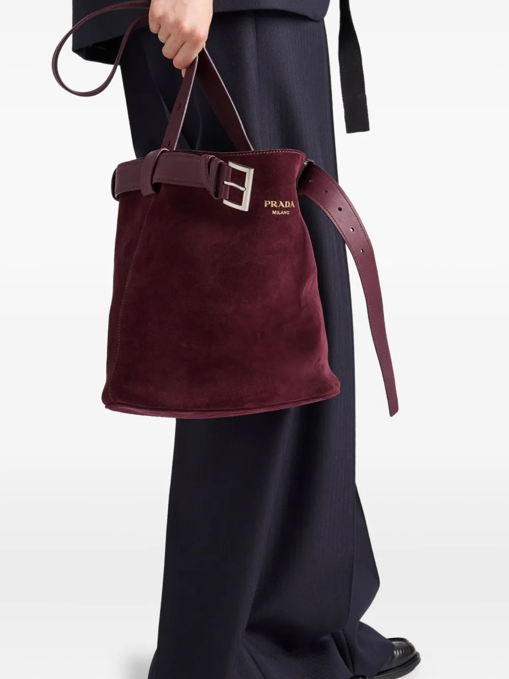 Prada Small Buckle Belted Suede Bag