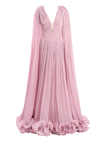 Ana Radu Cape Pleated Ruffle Maxi Dress