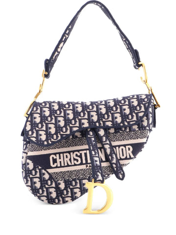 Christian Dior Pre Owned Saddle Handbag Logo Embroidered Oblique Canvas Medium Shoulder Bag
