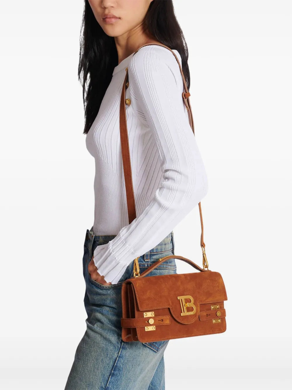 Balmain B Buzz 24 Suede Shoulder Bag