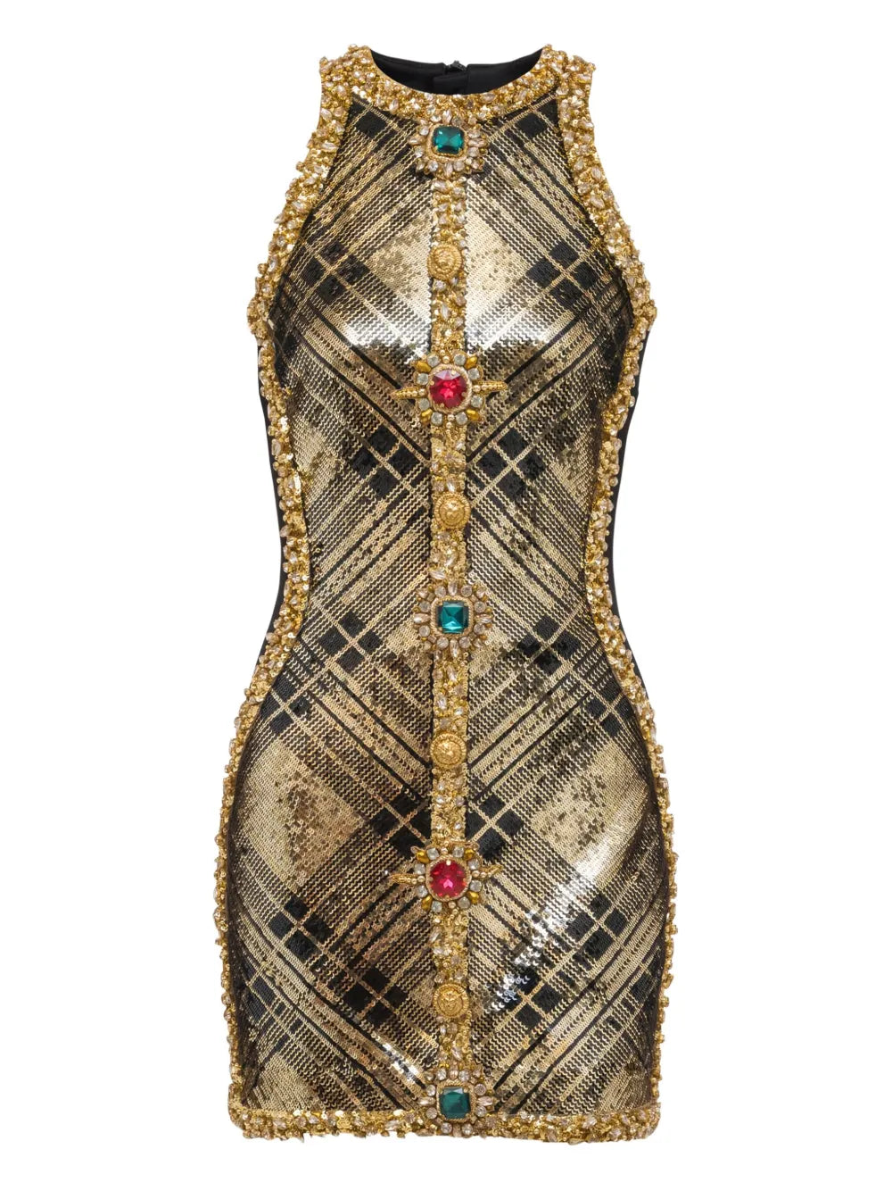 Balmain Plaid Jewel Embellished Sleeveless Dress