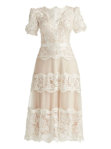 Tadashi Shoji Belline Lace Ribbon Midi Dress