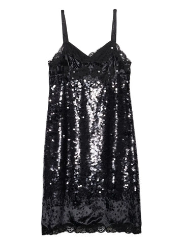 Prada Sequinned Lace Trim Velvet Midi Dress