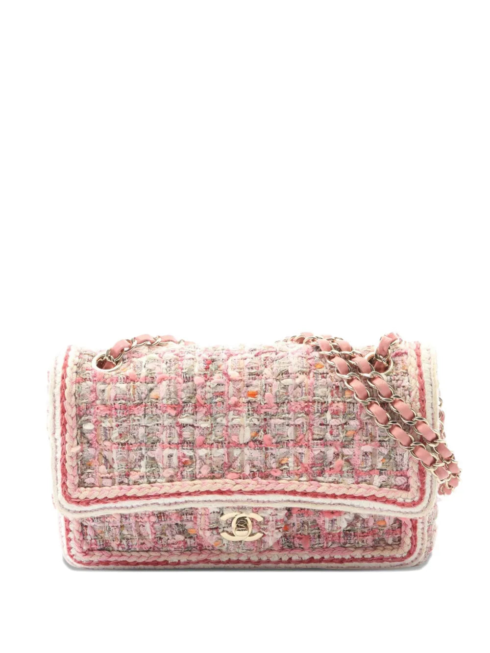Chanel Pre Owned 2019 Medium Classic Quilted Tweed Braided Double Flap Shoulder Bag