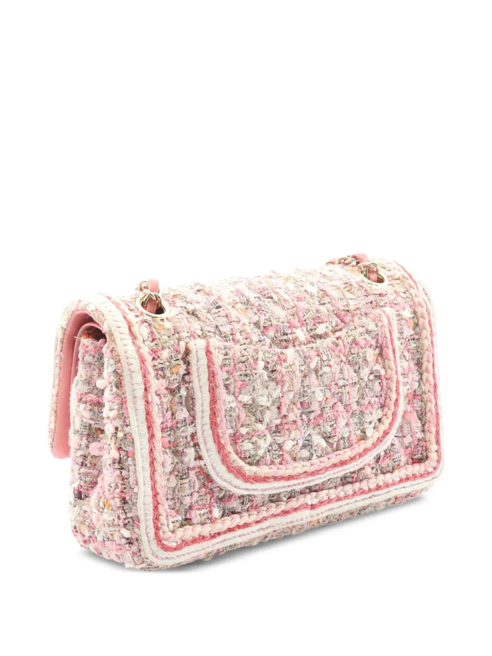 Chanel Pre Owned 2019 Medium Classic Quilted Tweed Braided Double Flap Shoulder Bag